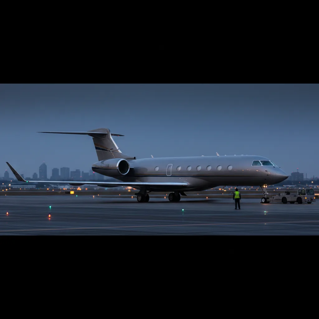 Gulfstream G650ER heavy private jet at blue hour