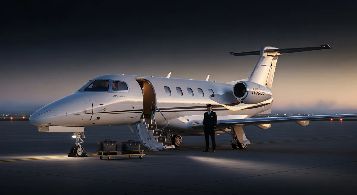 Phenom 300E light private jet on a private tarmac at blue hour