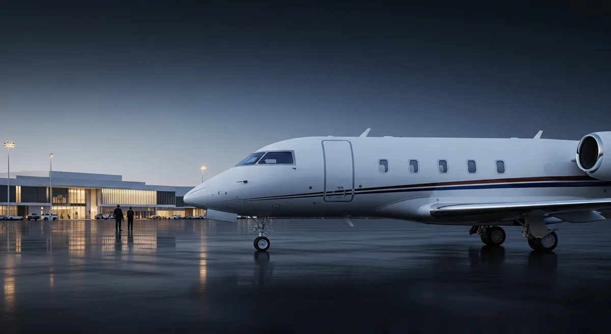 Challenger 3500 super midsize private jet at blue hour