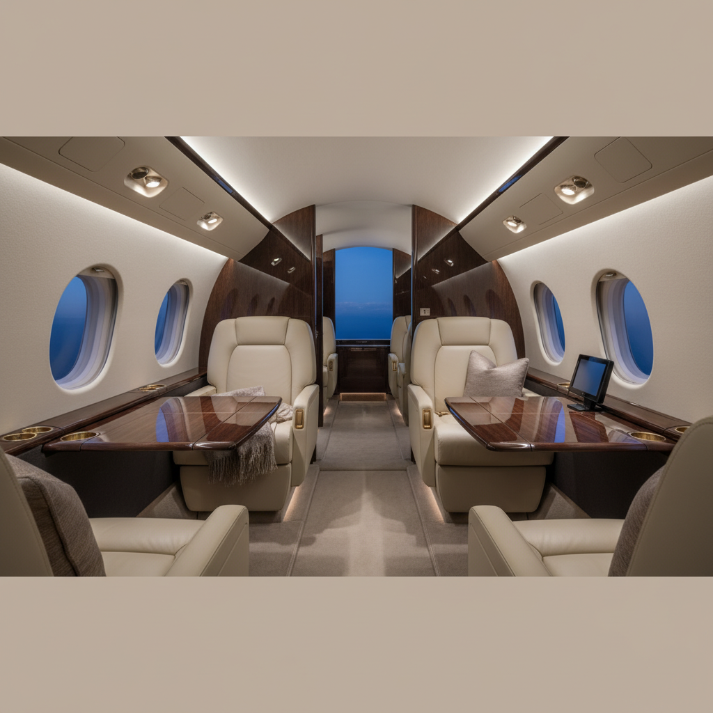 Ultra-long-range private jet cabin interior with cream seating and oval windows