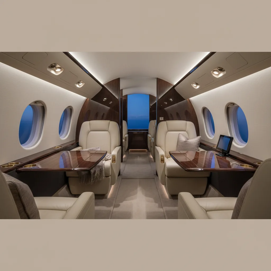 Ultra-long-range private jet cabin interior with cream seating and oval windows